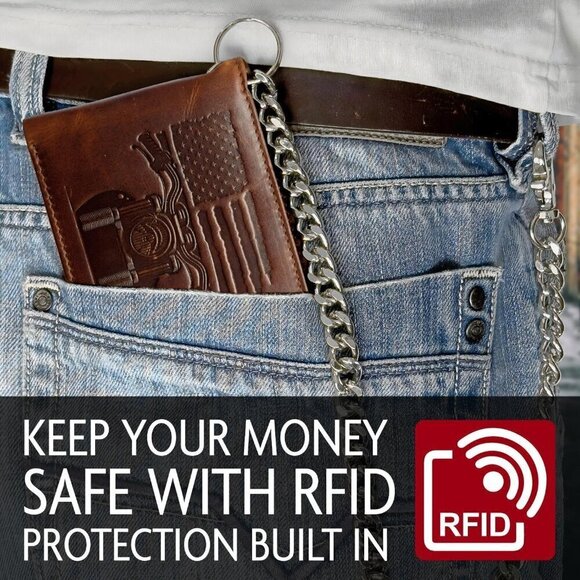 Distressed Brown Leather 10 Card Slots Patriotic Biker Wallet with Chain for Men - Picture 5 of 7